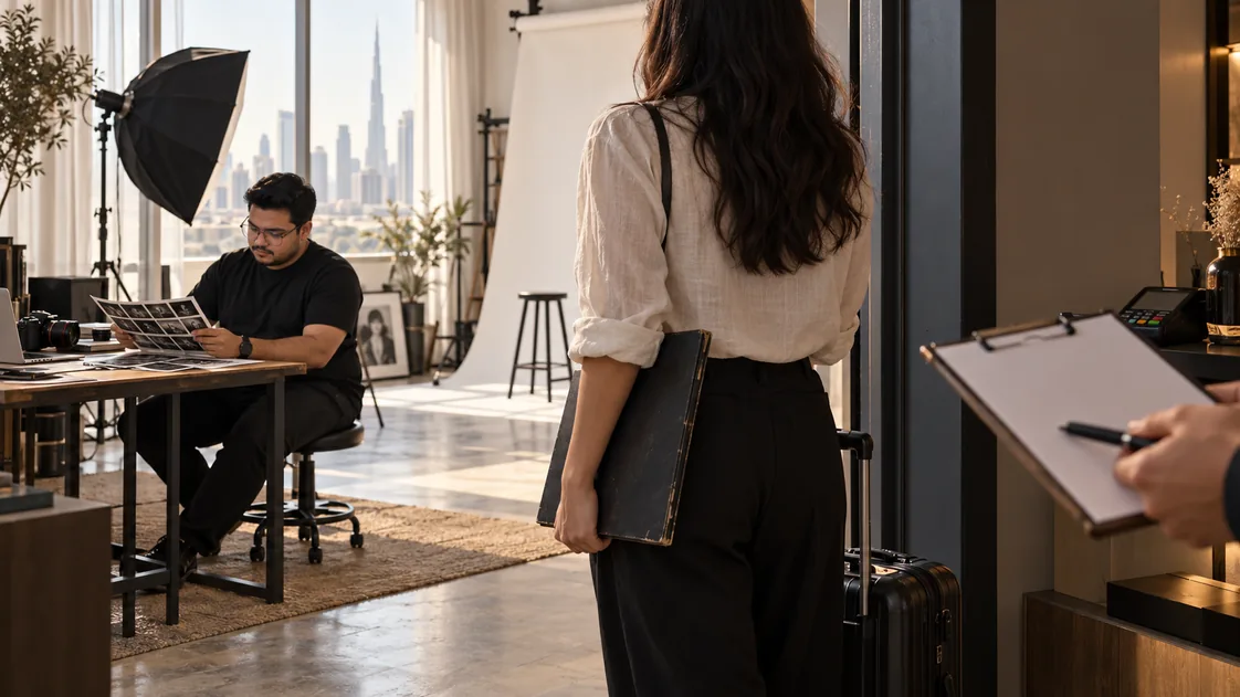 AI-generated illustration of a model with a suitcase entering a Dubai studio