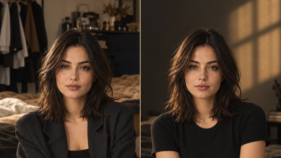 AI illustration of one woman twice: left, an oversized jacket in a cluttered room; right, a fitted black top against a plain wall