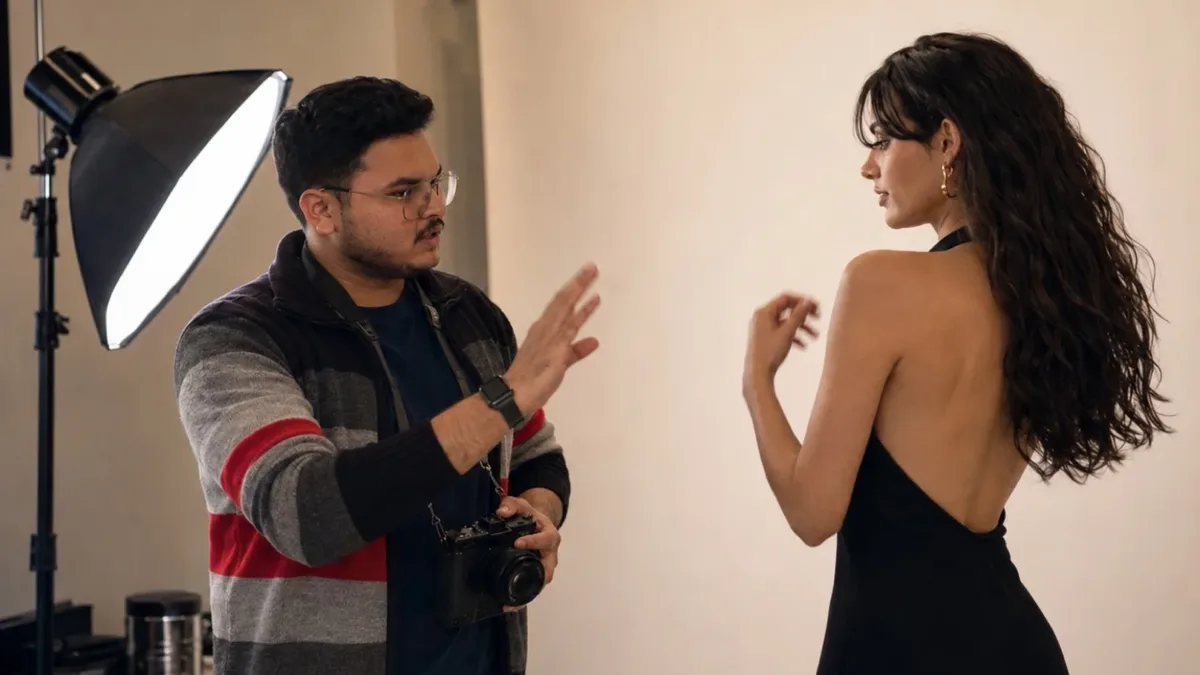 Photographer directing a model in a studio setup during a photoshoot