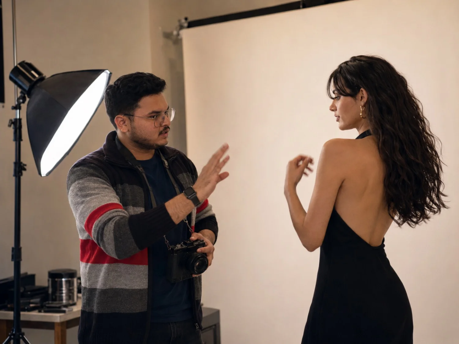 Photographer directing a model in a studio setup during a photoshoot