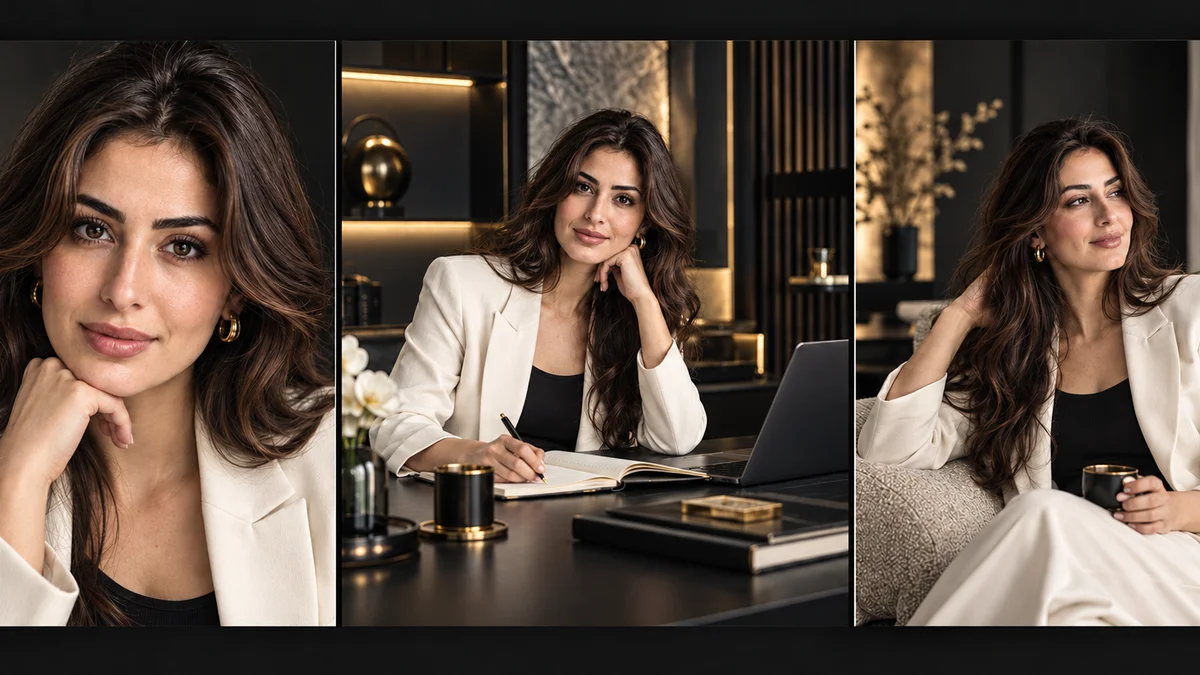 Personal branding photoshoot sequence in Dubai: headshot, working portrait and lifestyle portrait