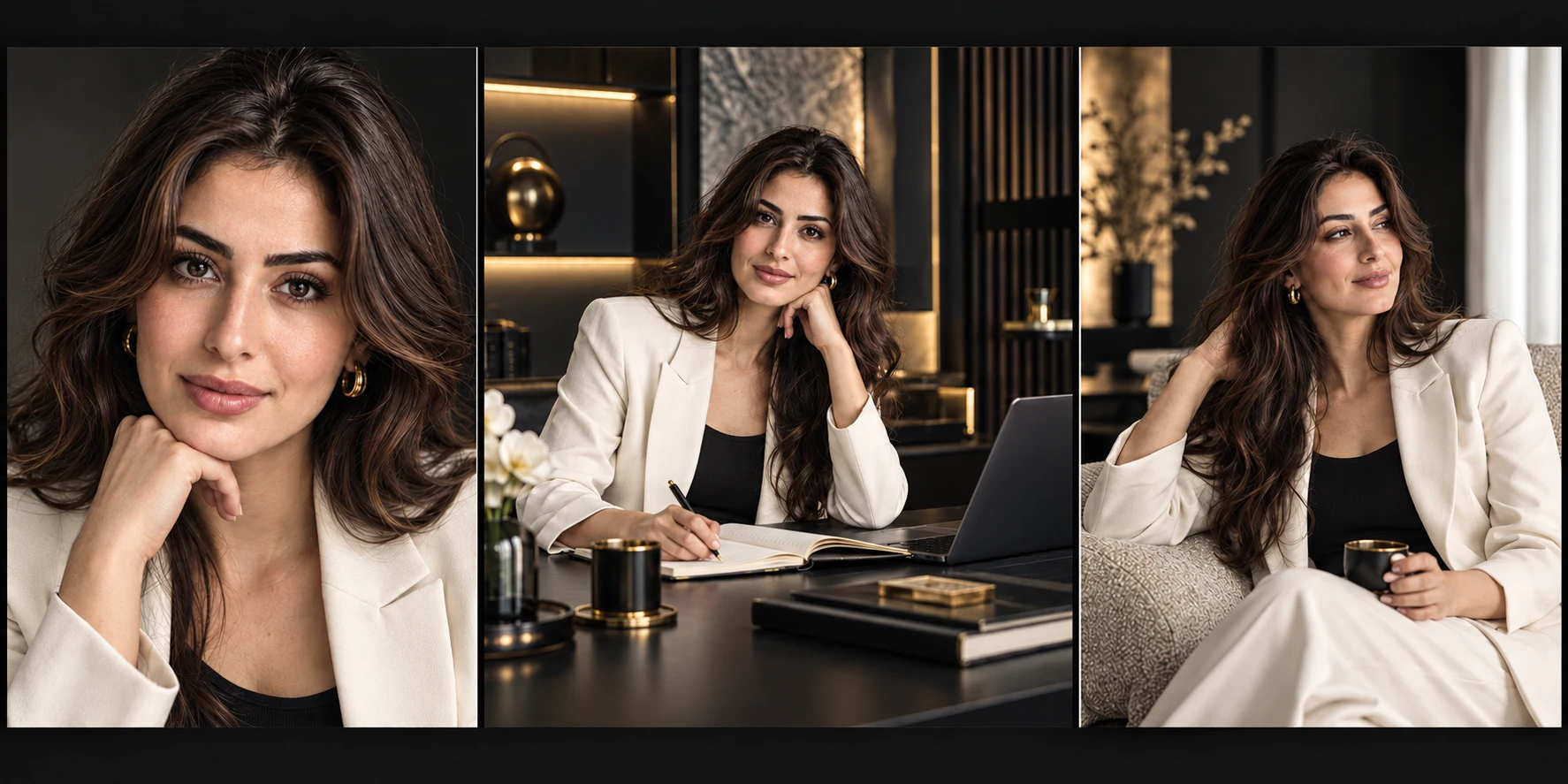Personal branding photoshoot sequence in Dubai: clean headshot, environmental working portrait and relaxed lifestyle portrait