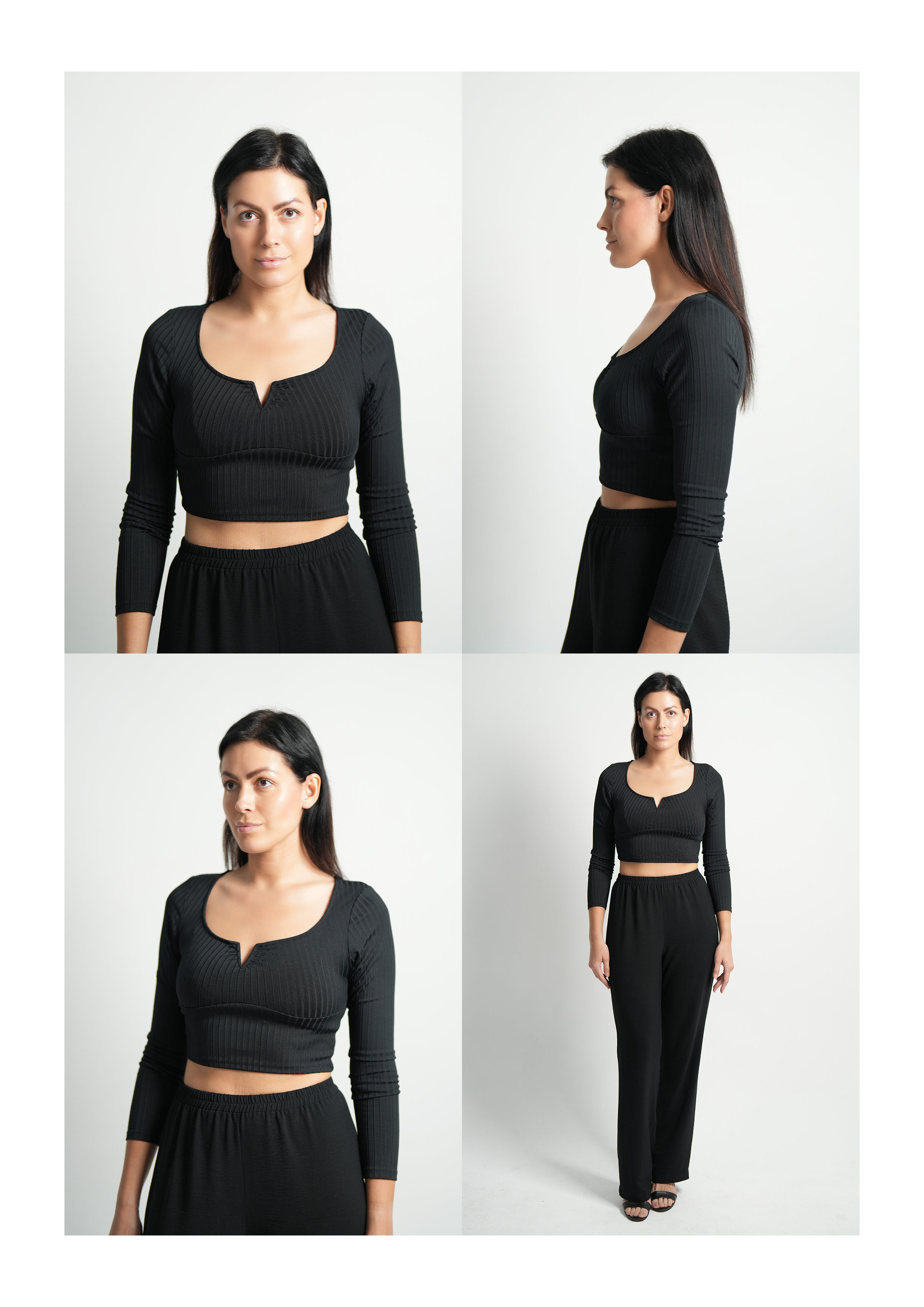 Female model polaroid sheet: front, profile, three-quarter and full-length. UC Fashion Week, Dubai. Shot by Photoczaro.