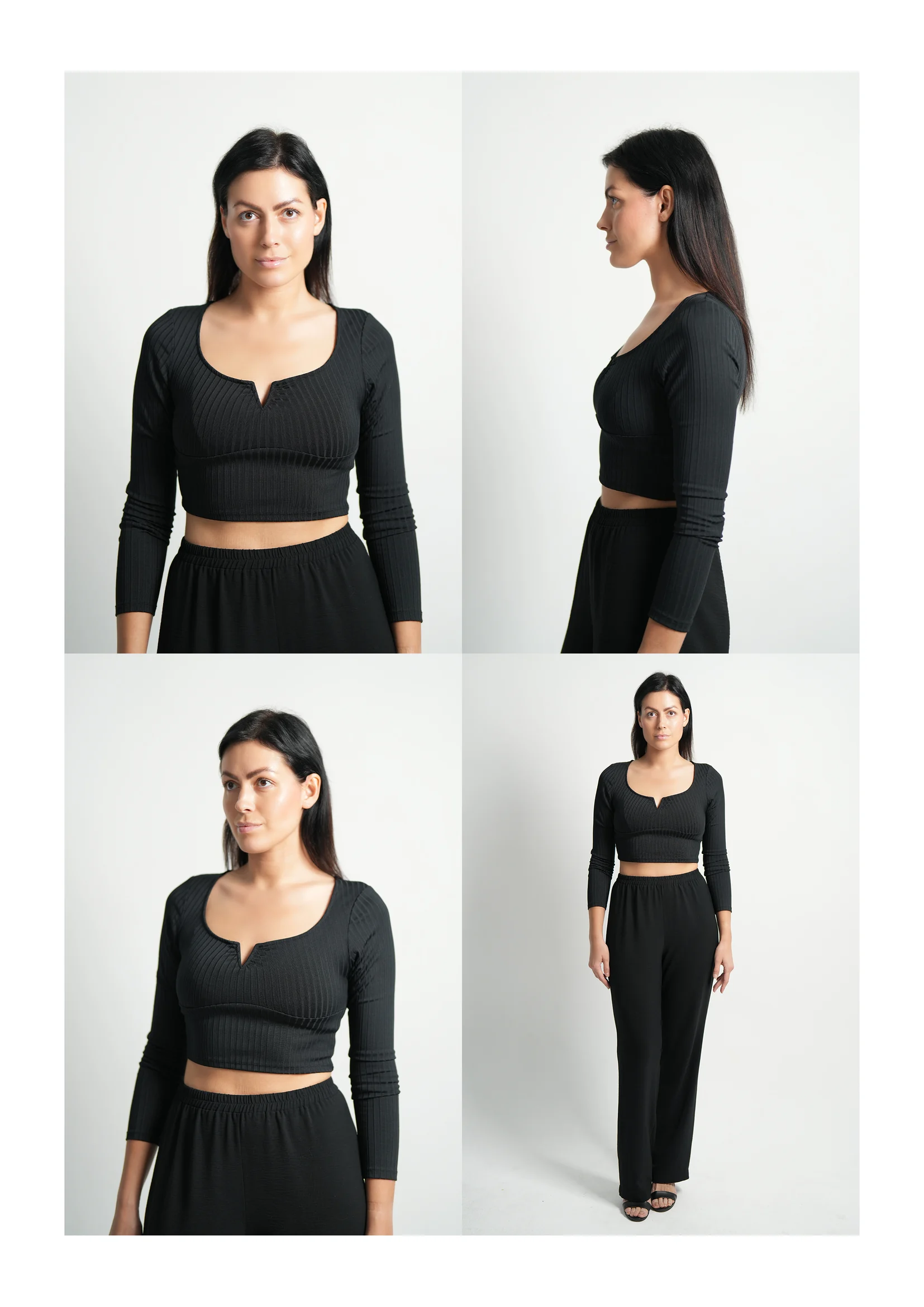 Model digitals sheet with a headshot, profile and full-length views of a model against a plain background, photographed in Dubai
