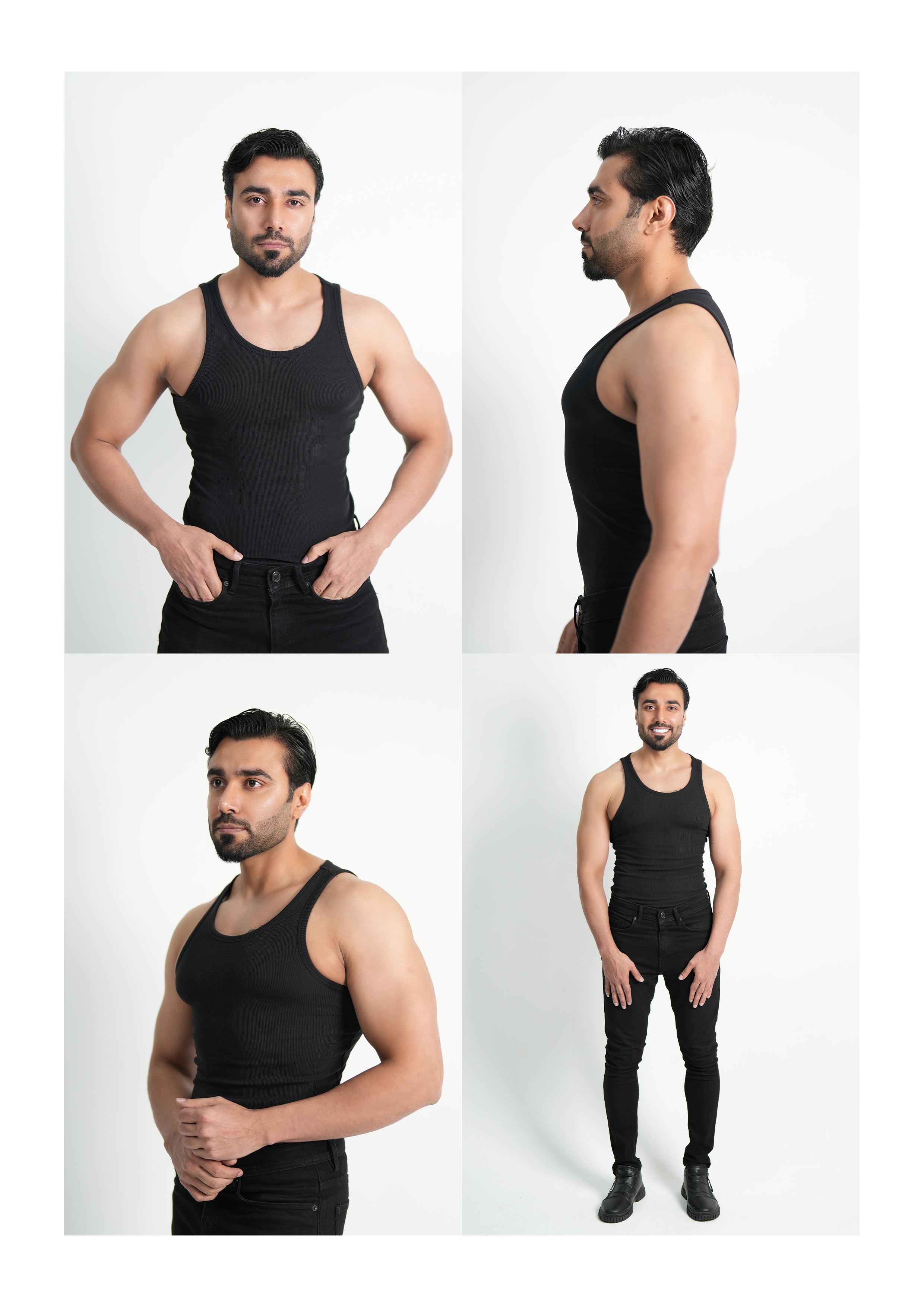 Male model polaroid sheet: front, profile, three-quarter and full-length. UC Fashion Week, Dubai. Shot by Photoczaro.