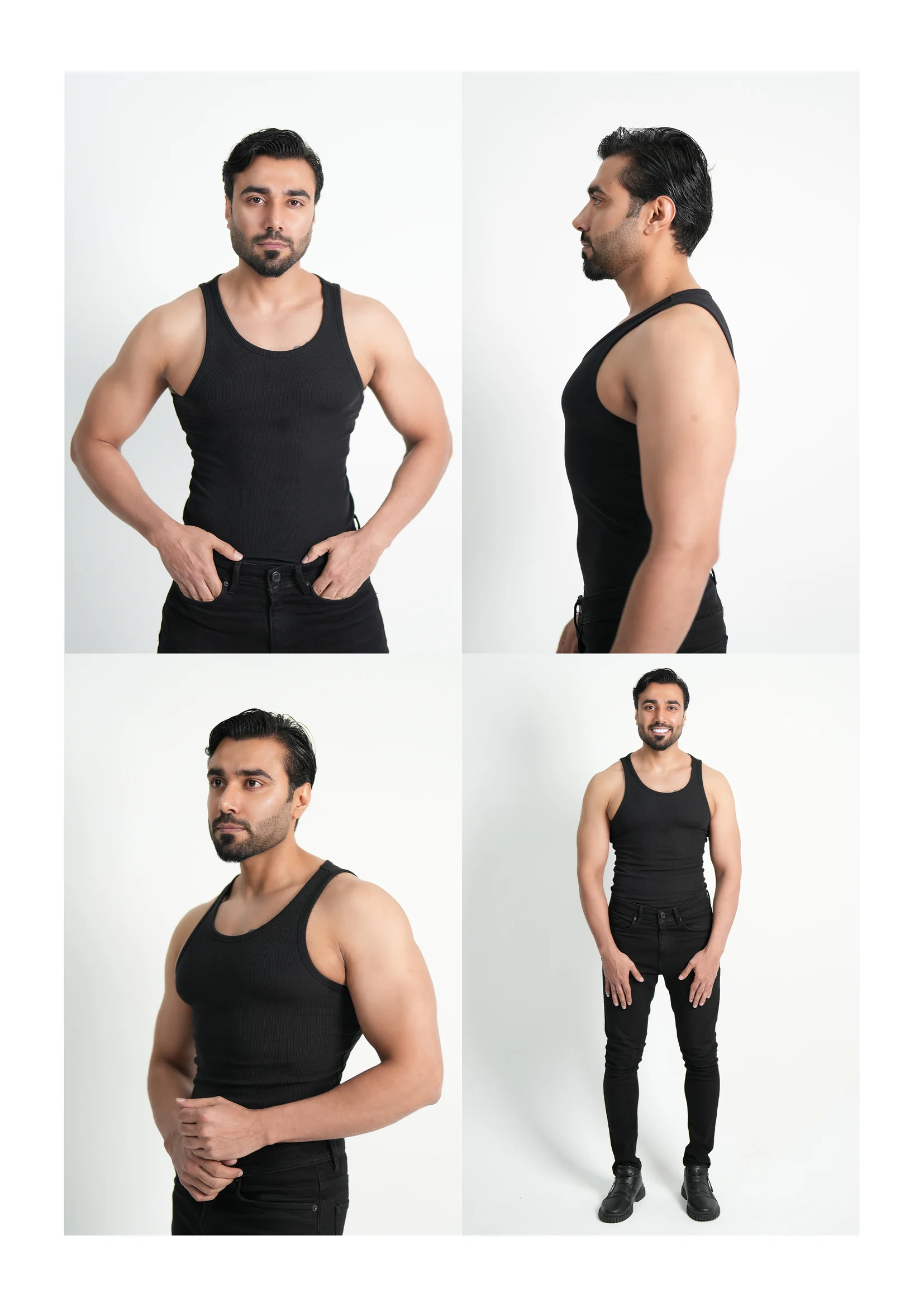 Male model polaroid sheet: front, profile, three-quarter and full-length. UC Fashion Week, Dubai. Shot by Photoczaro.
