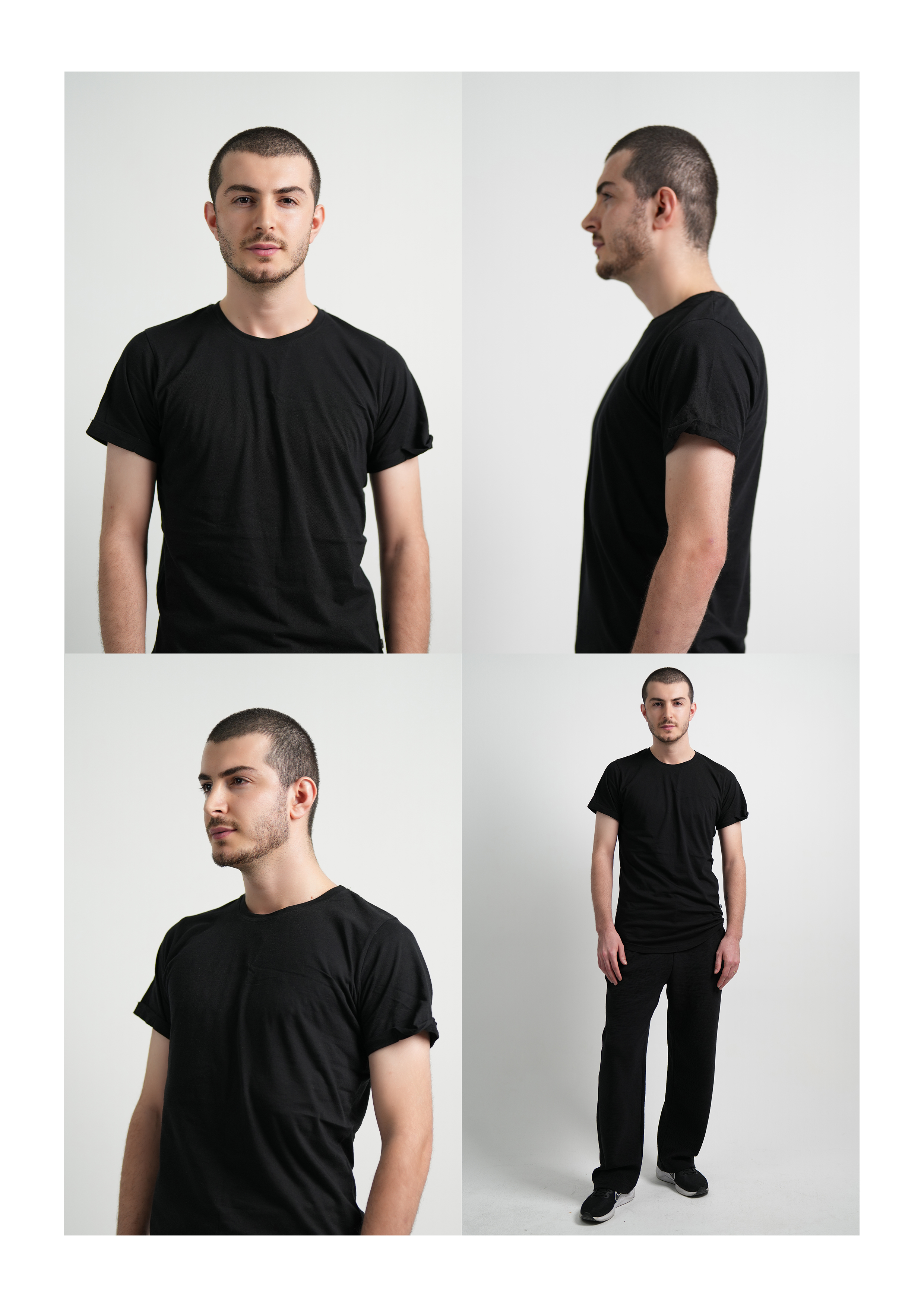 Male model polaroid sheet: front, profile, three-quarter and full-length. UC Fashion Week, Dubai. Shot by Photoczaro.