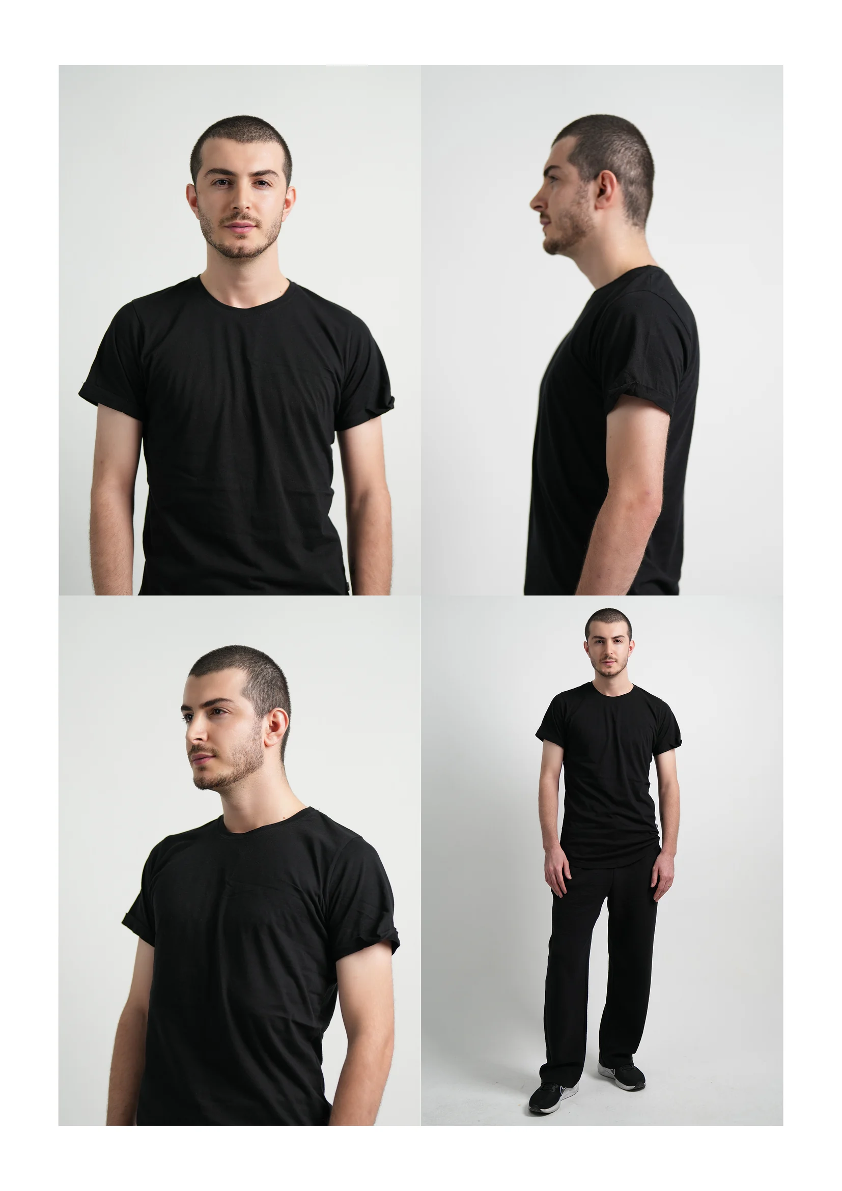 Male model polaroid sheet: front, profile, three-quarter and full-length. UC Fashion Week, Dubai. Shot by Photoczaro.