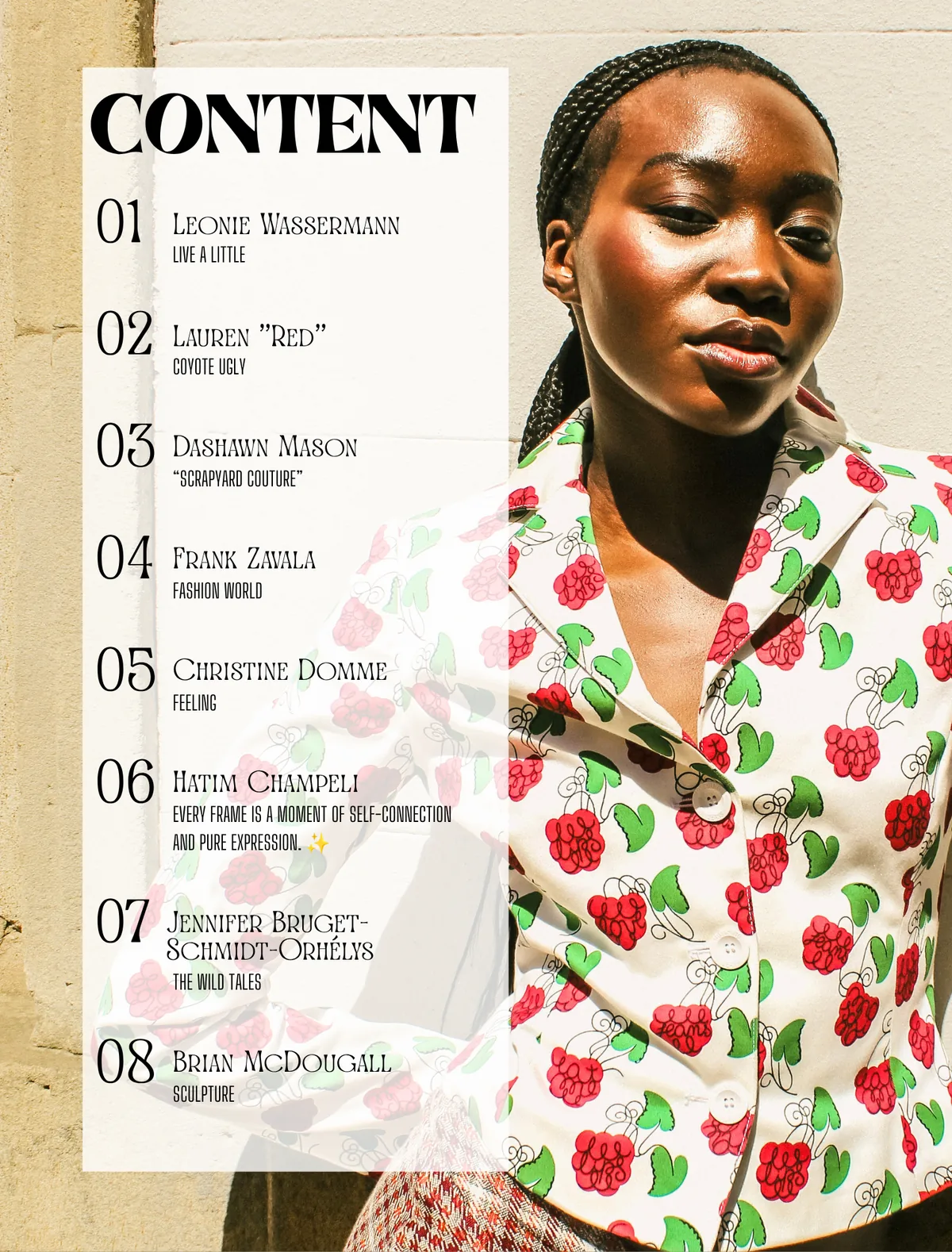 UNTAMED Magazine table of contents listing the Hatim Champeli desert editorial with Olga